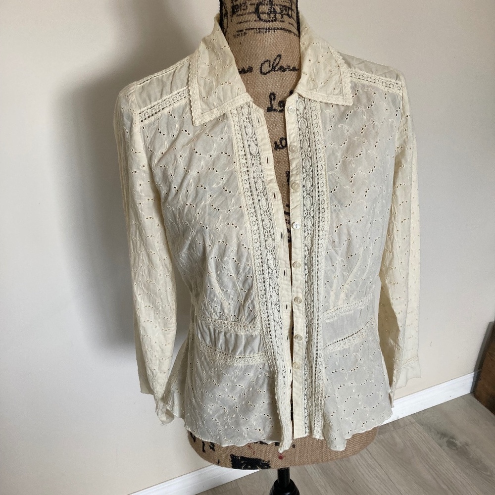 Vintage April Cornel Lace Button Down Blouse Cream Sz S